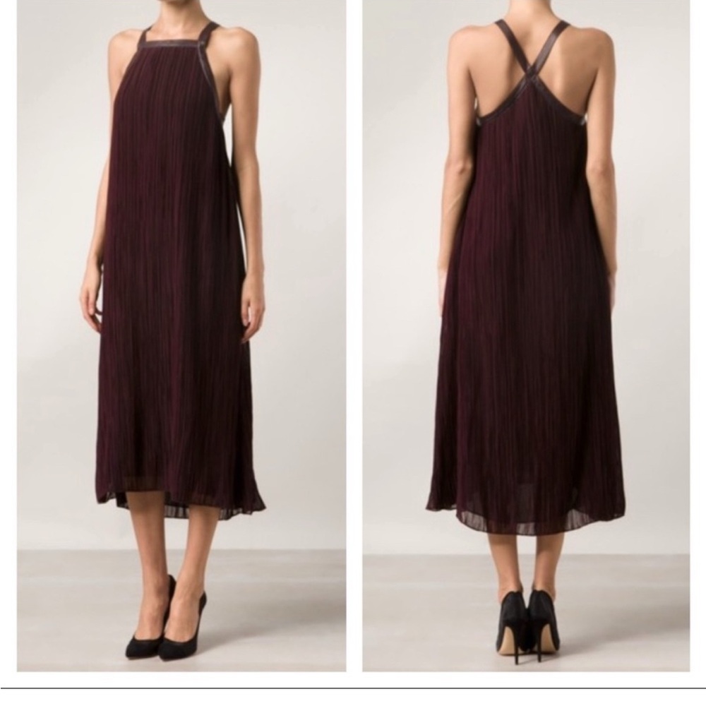 Derek Lam 10 Crosby  Burgundy Midi Dress in pleated chiffon with leather accents